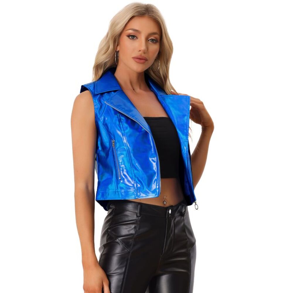 Metallic Faux Leather Vest Lapel Collar Zip Sleeveless Cropped Jacket Royal Blue